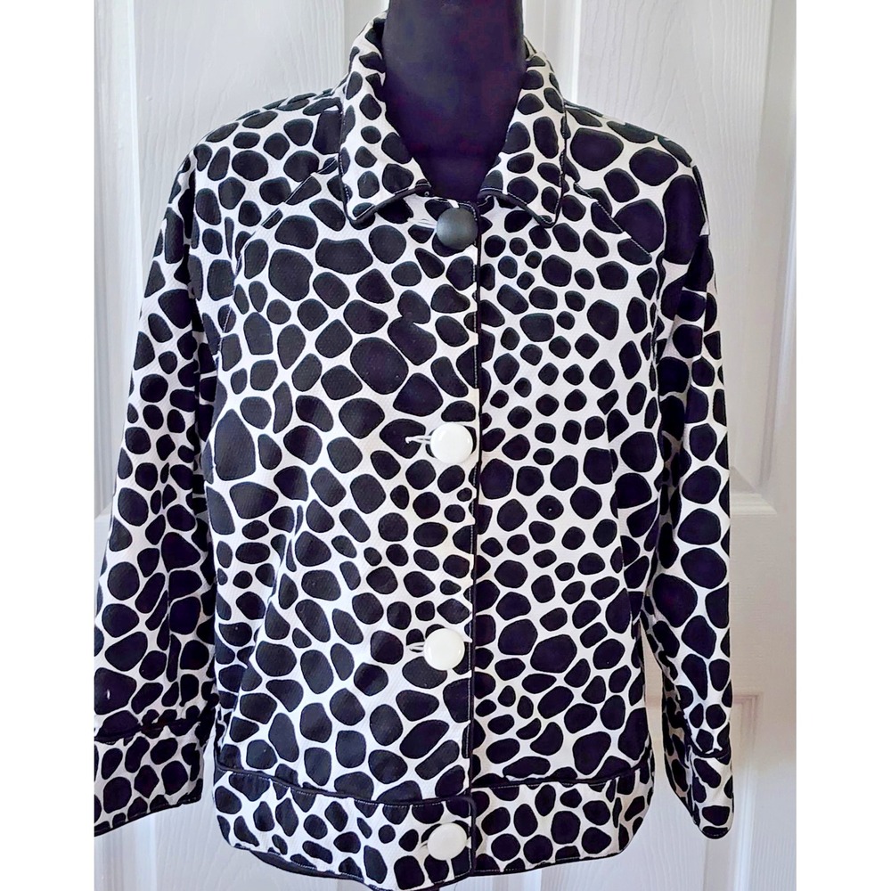 Ann Trinity Women's Black/White Animal Print Button Front Lined Jacket Size L